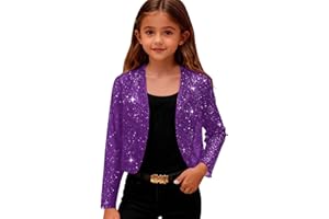 Girls Sequin Jacket Cropped Sparkly Lightweight Open Front Long Sleeve Cardigan Bolero Shrug Kids Glitter Party Coat