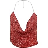 Women Sexy Sparkly Halter Neck Rhinestone Crop Top Deep V Tank Top Backless Body Chain Dance Festival Rave Club Outfits
