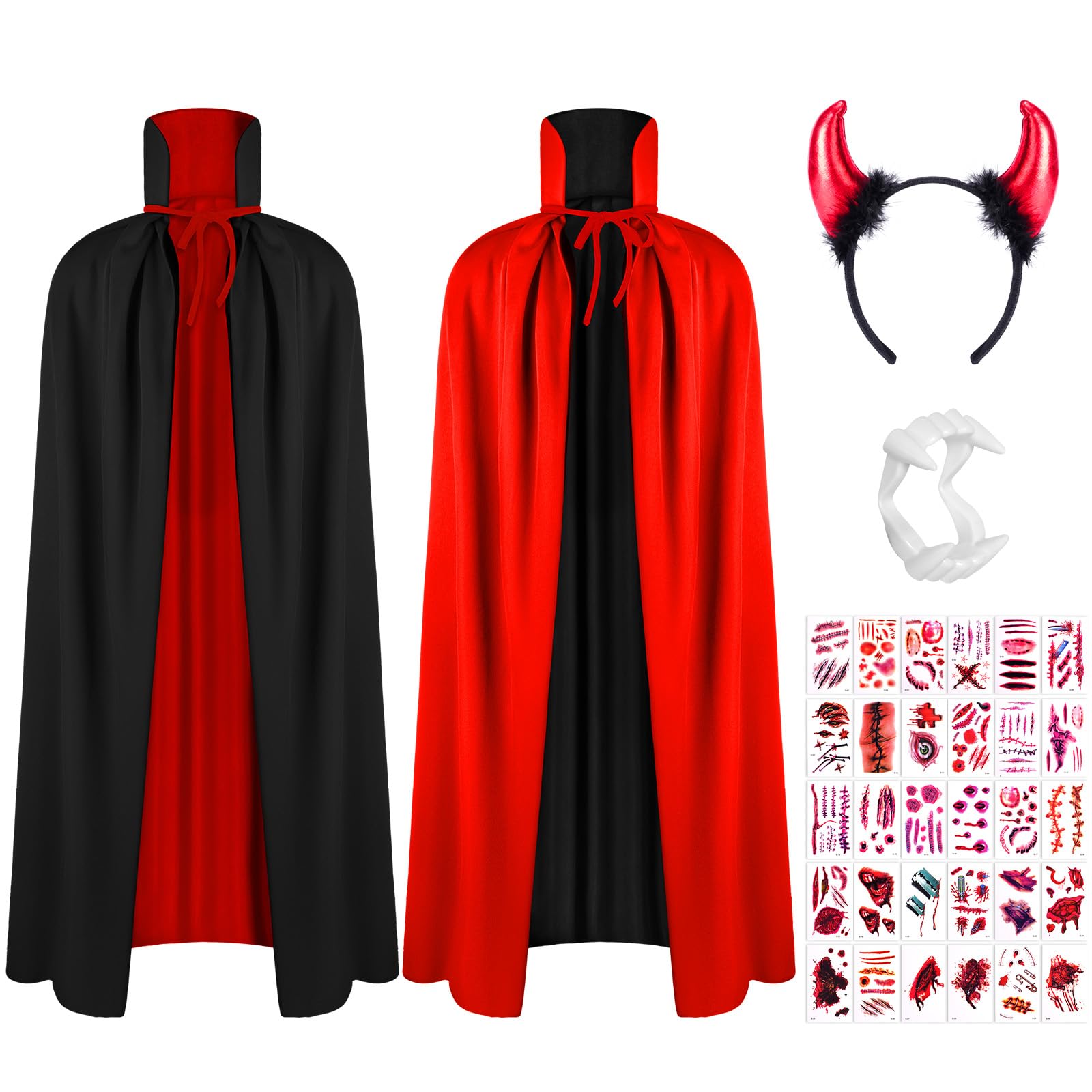 AOOWU Adult Hooded Cape Set,Reversible Hooded Cape Cloak for Adults, Unisex Black Red Vampire Witch Costume with Vampire Dentures & Scar Tattoos & horn headband,Halloween World Book Day Cosplay Attire