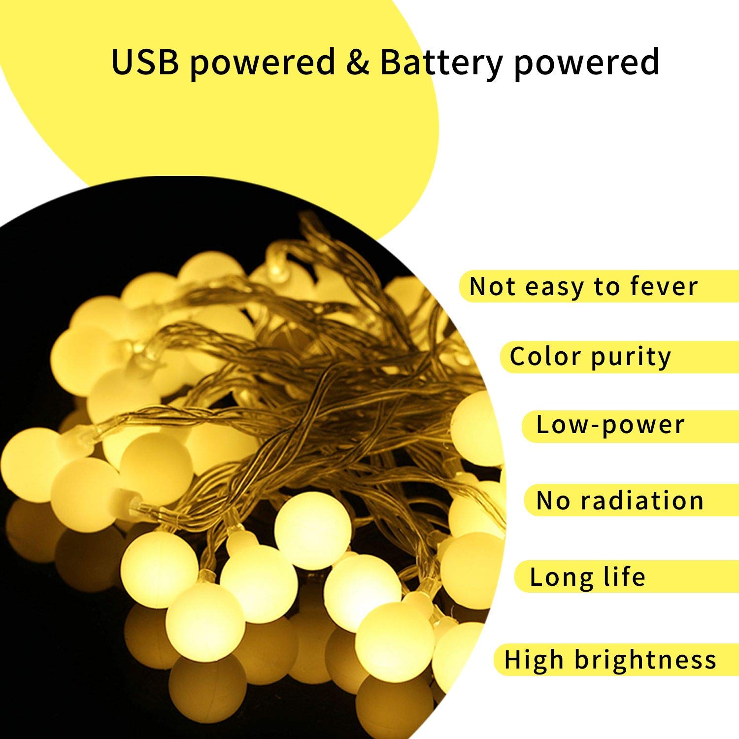 owlguart Globe String Lights Fairy Decorative Light for Outdoor, Indoor, Home,Wedding,Christmas Tree, Party (Warm White, Battery-Powered, USB-Powered,50 LED 16 Ft)