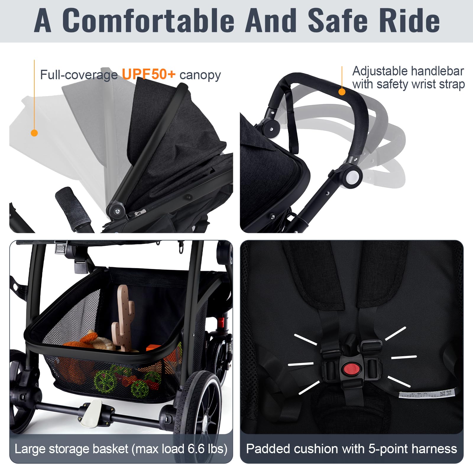 Baby Stroller, 2-in-1 Reversible Toddler Seat with Lie-Flat Mode, Foldable Infant Stroller with Canopy, One Button Brake, Adjustable Handle, Newborn Pushchair (Black B)