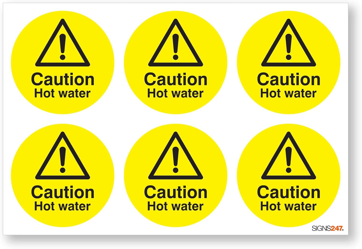 Caution Hot Water Safety Stickers Sign - 6 Pack Self Adhesive 65mm Diameter Vinyl Signs, White, (12 x 18) inch or (30 cm x 45 cm)