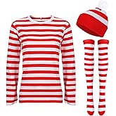 Haysandy Christmas Costume Set Striped Cosplay Shirt Hat Sock for Christmas Party Outfit
