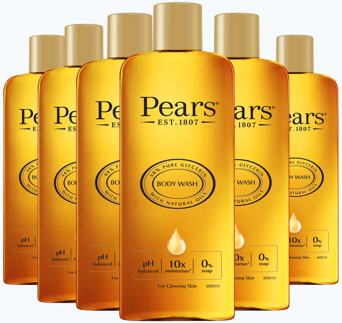 Pears Pure & Gentle Body Wash - Soap-free Cleanser - Nourishing Gel with 98% Pure Glycerin & Natural Oils - for Glowing Skin 10x More Moisturiser - Beauty Bath for Moisturising Care - 250ml (6 Pack)