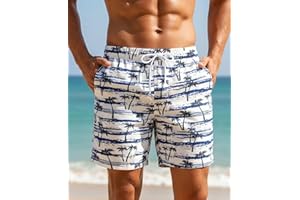 Men's Hawaiian Beach Shorts Elastic Waist Drawstring Lightweight Summer Casual Shorts with Pocket