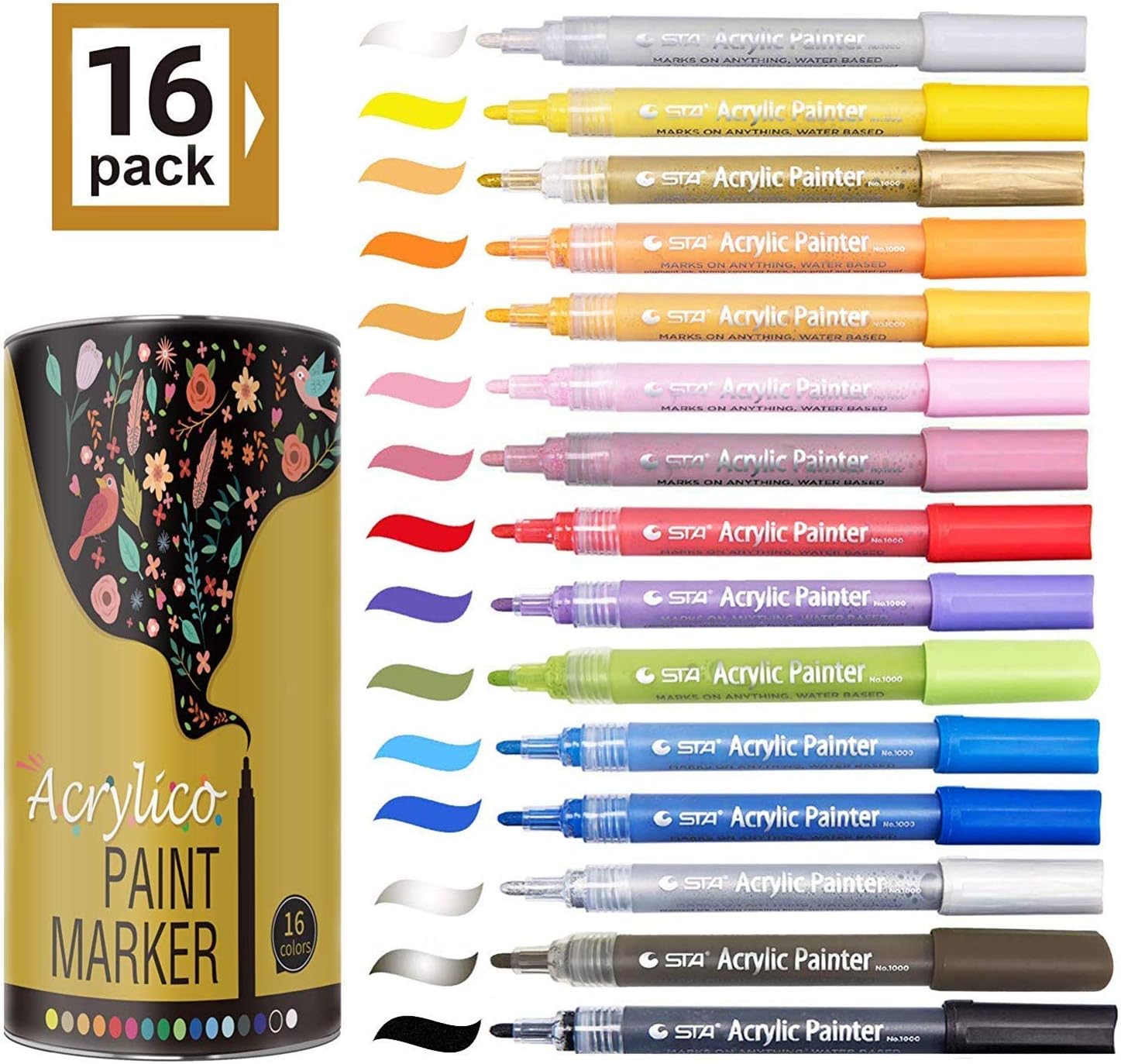 Acrylic Paint Ink Pens for Rocks Painting,Ceramic,Glass,Wood,Fabric,Canvas,Mugs,DIY Craft Making Supplies,Scrapbooking Craft,Card Making.Acrylic Paint Marker Pens Set of 16 Colors