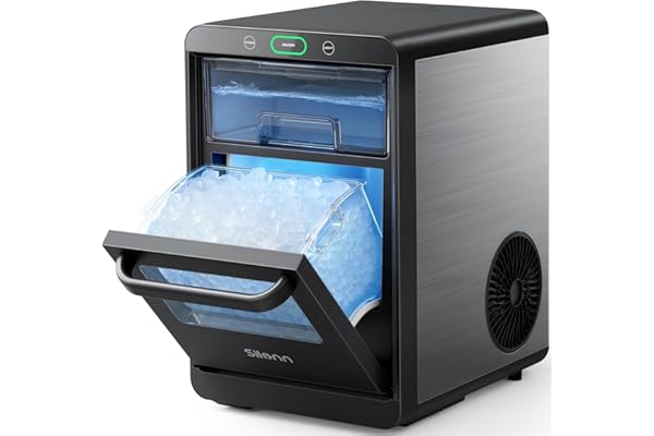 Nugget Ice Maker Countertop - Silonn Pebble Ice Maker Machine Crushed Ice, Pellet Ice 44 lbs per Day, Pull-Out Water Tank and Removable Ice Basket for Home, Kitchen, Stainless Steel