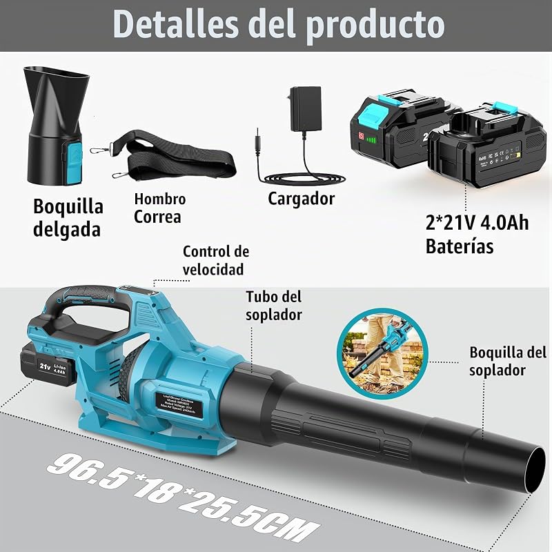 Soplador de Hojas, Soplador Bateria 21V con 2 Baterías de 4.0Ah, 3 Ajustes de Velocidad, 2 Tubos de Soplado, Correa para el Hombro para Soplar Hojas, Nieve, Polvo y Residuos