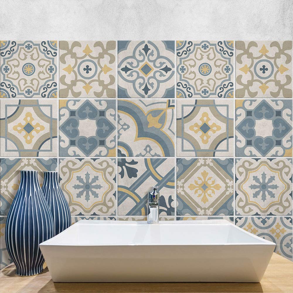 RE-COVERTILES - Tile Stickers for Bathroom and Kitchen 24 Pcs 10x10 cm - PS00199 Wall Decoration in Waterproof PVC Mosaic Tiles Style Azulejos Cement Tiles