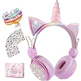 Unicorn Wireless Headphones for Kids,Cat Ear Bluetooth 5.0 Over Ear Headphones with Microphone for Cellphone/iPad/Laptop/PC/TV/PS4/Xbox One, Foldable Gaming Headset for Girls Teens Gift (pink)