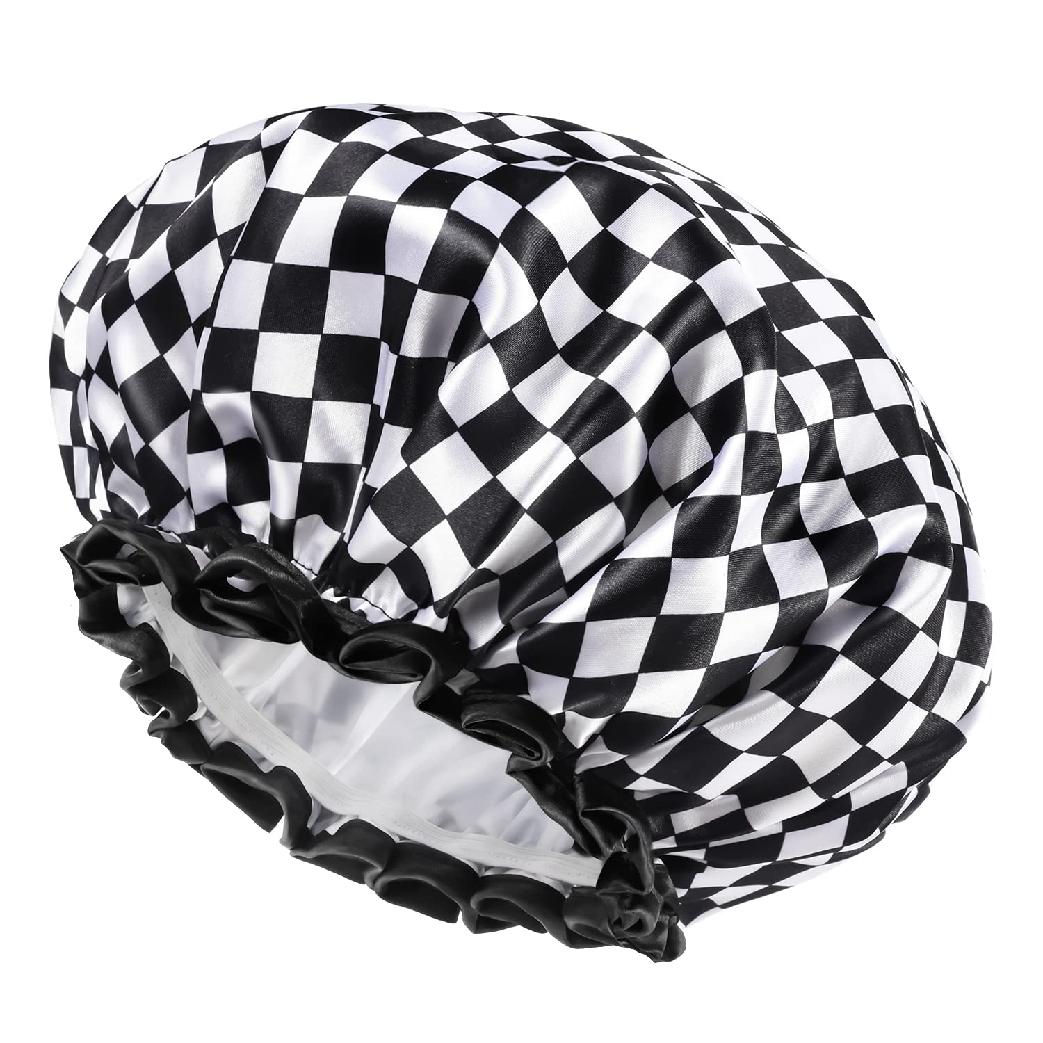mikimini Large Shower Cap for Women, Double-layer Waterproof, Reusable, Washable Hair Cap for Long Thick Hair, Black and White Checkered Design - Contemporary and Chic Accessories, 2 Pack