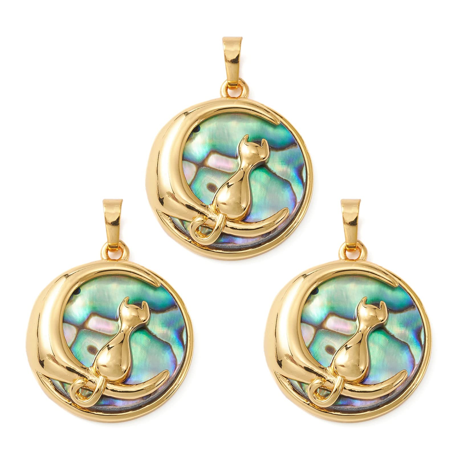 Airssory 5 Pcs Natural Abalone Shell Pendant Paua Shell Charm Flat Round with Moon Cat Charms for Jewelry Making