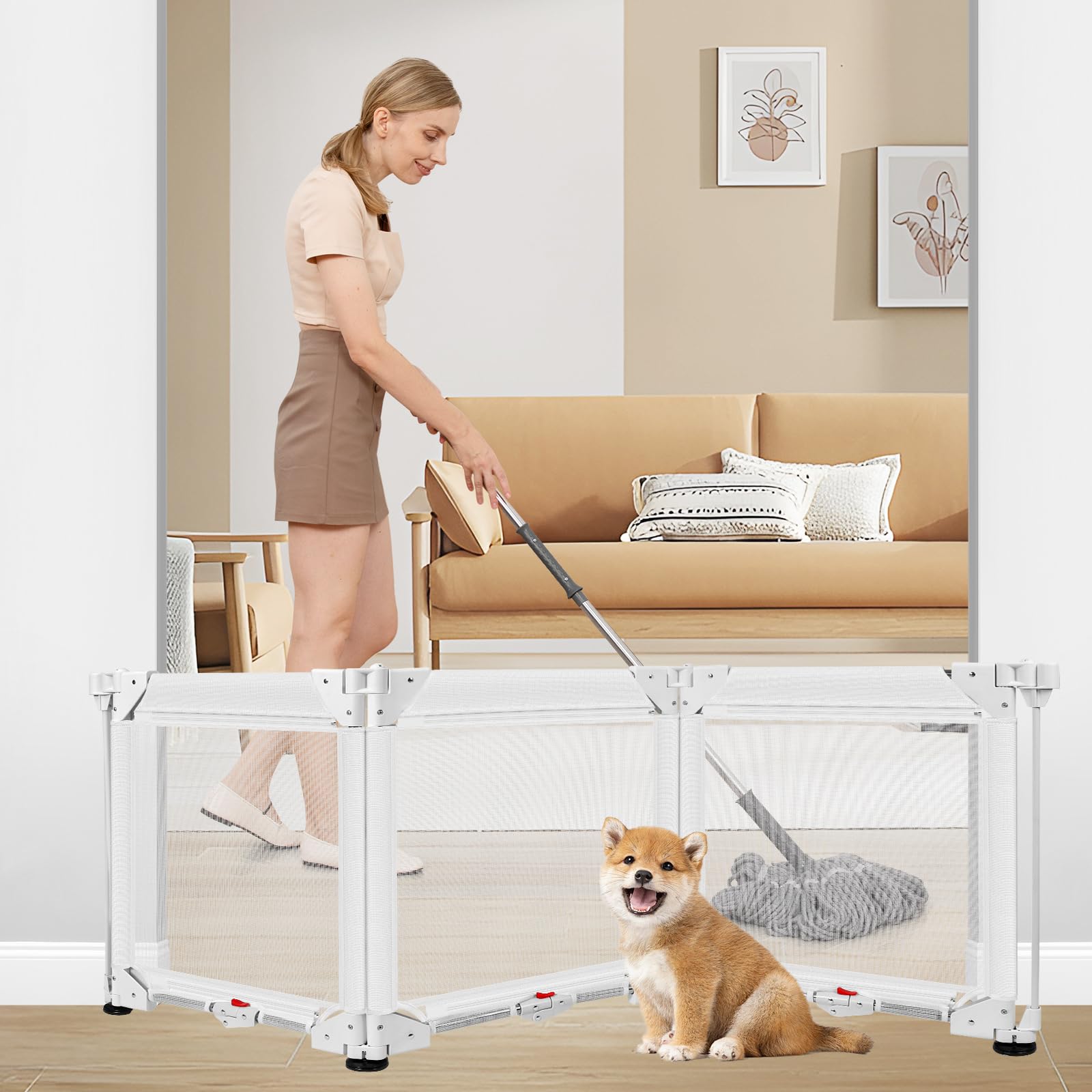 Photo 1 of ***It is used, missing a part, and it's not known if it works 100%.***3-Panel Free Standing Dog Gate with 4 Suction Cups, 60 x24 Inch Tall Short Dog Gates to Step Over, Foldable Pet Gate Indoor Small Pet Fence Puppy Barrier Mesh Gates for The House, White