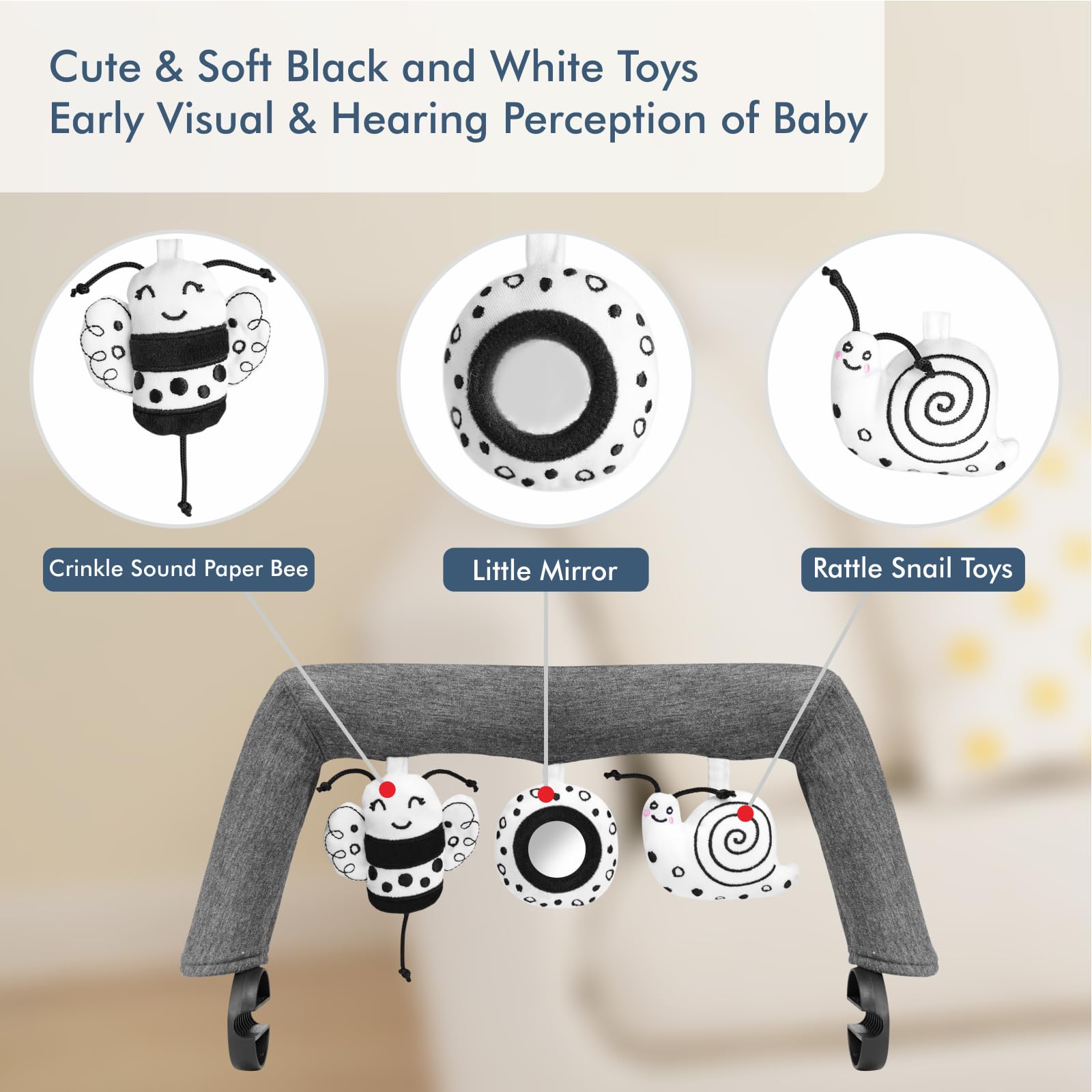 Baby Bjorn Bouncer Toy Bar, Toy Bar for Baby Bouncer Bliss and Balance Soft with 3 PCS Cute Sensory Toys, Easy to Attach and Remove, Skin -Friendly, Machine Washable, Black and White, Soft