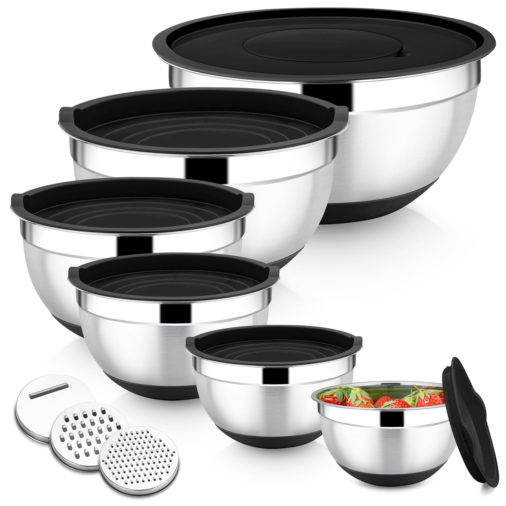Onader Stainless Steel Mixing Bowls, 6-Piece Metal Salad Bowl for Kitchen Baking Cooking Serving, Airtight Lids & 3 Graters & Silicone Bottom, Size 0.7/1.2/1.6/2.5/2.8/4.6QT - Black