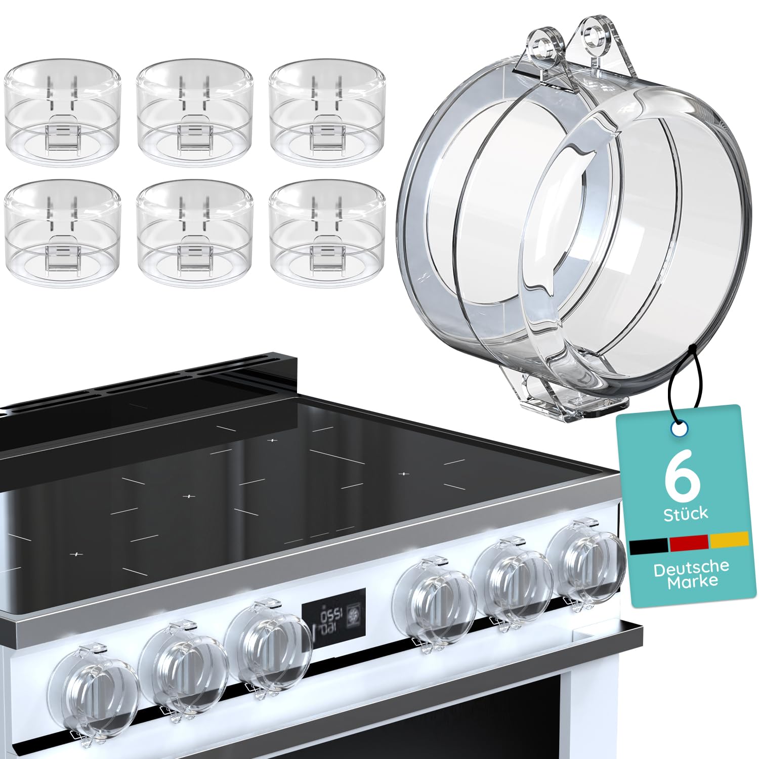 Child Safety Cooker Knobs [Pack of 6] - Cooker Knob Child Lock Transparent, Cooker Child Lock Buttons up to Diameter 35 mm, Cooker Protection Children, Oven Child Lock - Please Measure Dimensions