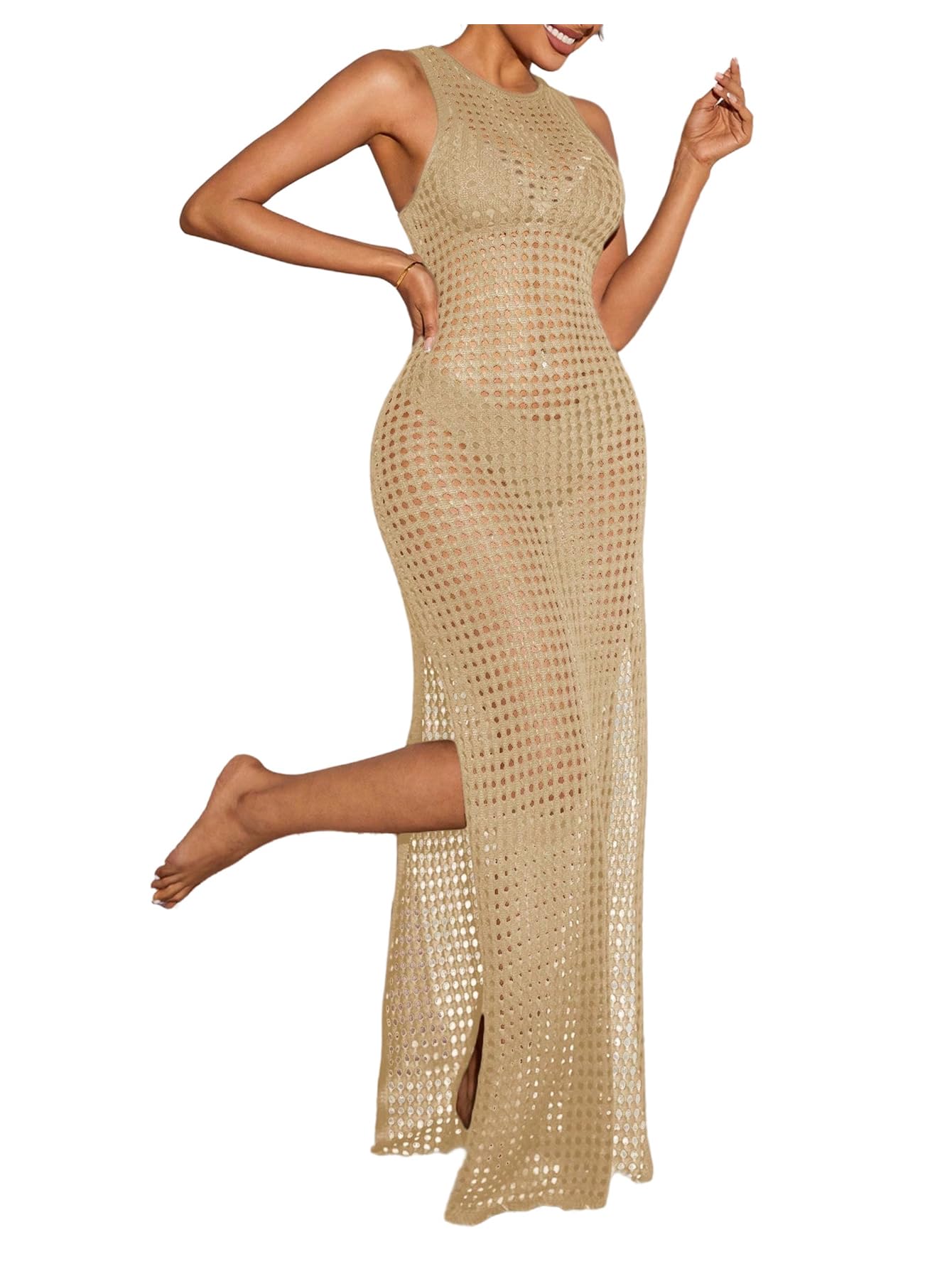Photo 1 of Verdusa Womens Crochet Dress Cover Ups Hollow Out Sleeveless Beach Split Knit Maxi Dresses Khaki Medium
