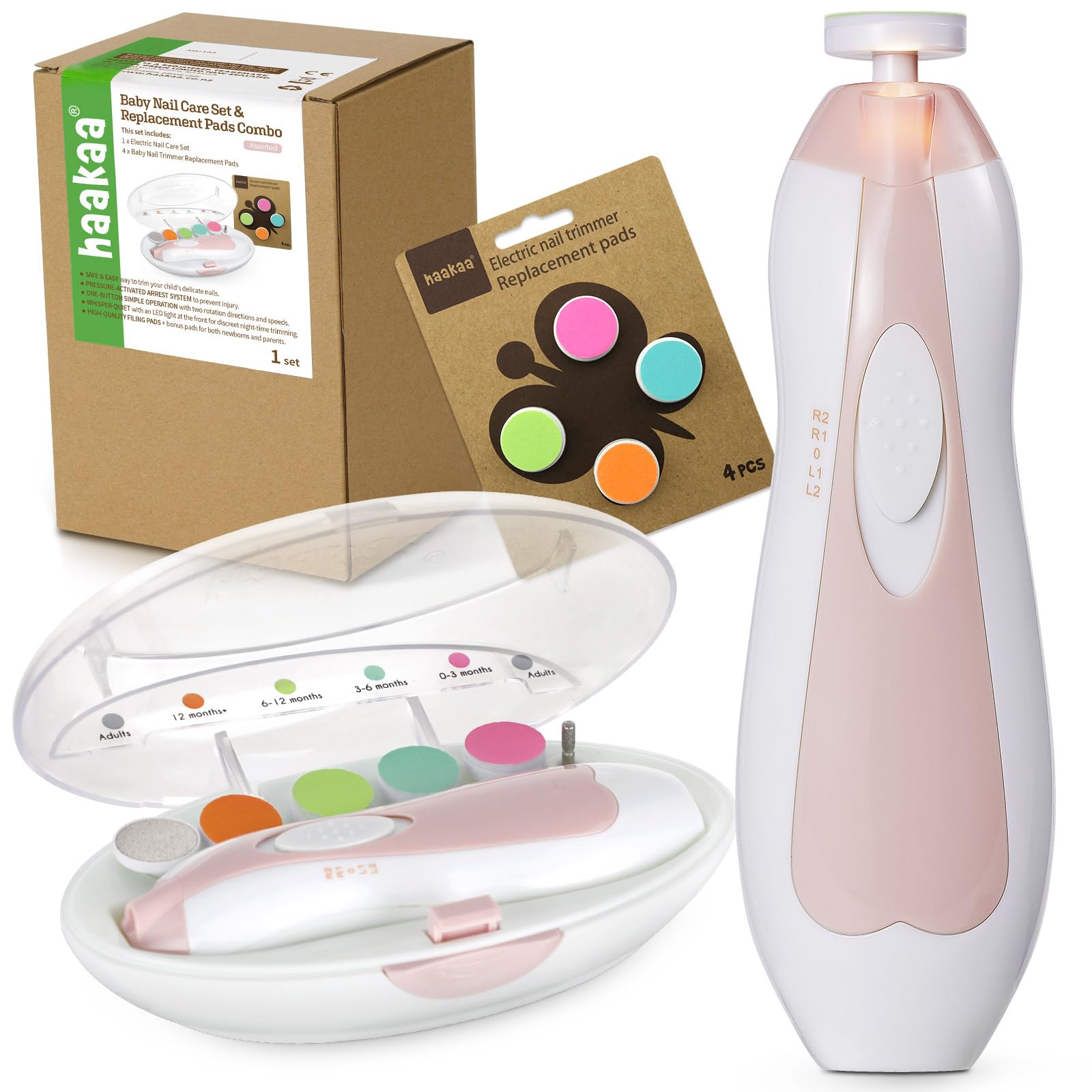 haakaa Baby Nail Trimmer Electric Baby Nail Clippers Kit for Newborn, Toddler or Adults Fingernails and Toenails Care with Extra 4 Replacement Pads New Combo,Pink