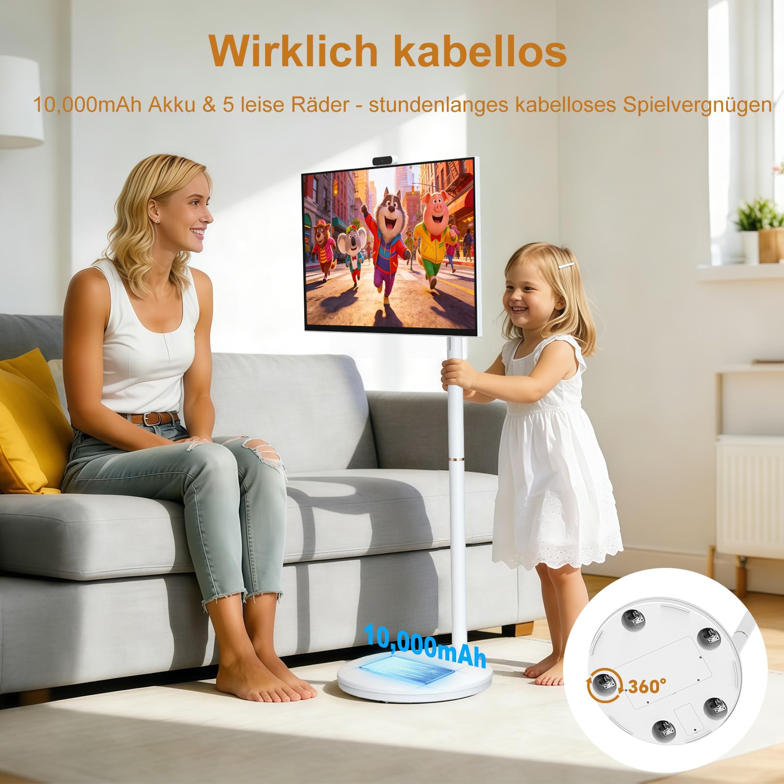 Dornium 32 Zoll 4K Smart Portable TV | Touchscreen-Monitor auf Rädern | EDLA-Zertifiziert & Android 14 | 8+128 GB Speicher | 10,000 mAh Akku | 90°Rotation | Abnehmbare Kamera 6