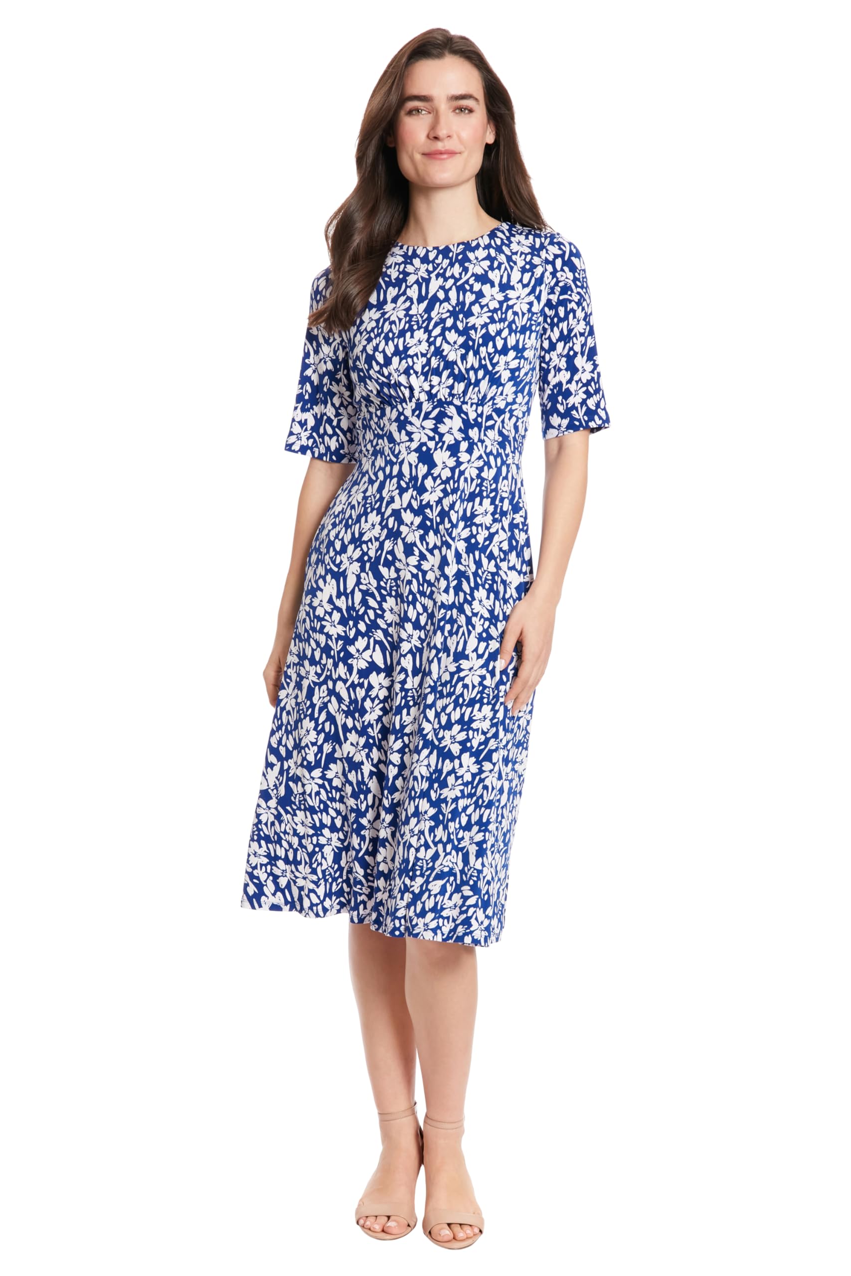 London Times Womens Printed Matte Jersey A-line Midi Casual Dress, Surf The Web/Soft White, 12 US