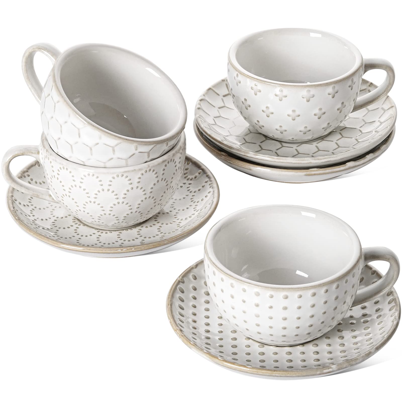 Photo 1 of LE TAUCI Espresso Cups with Saucers 3 oz, Ceramic Embossment Coffee Cup for Double shot, Lungo, Ristretto,Dishwasher Safe - Set of 4, Arctic white