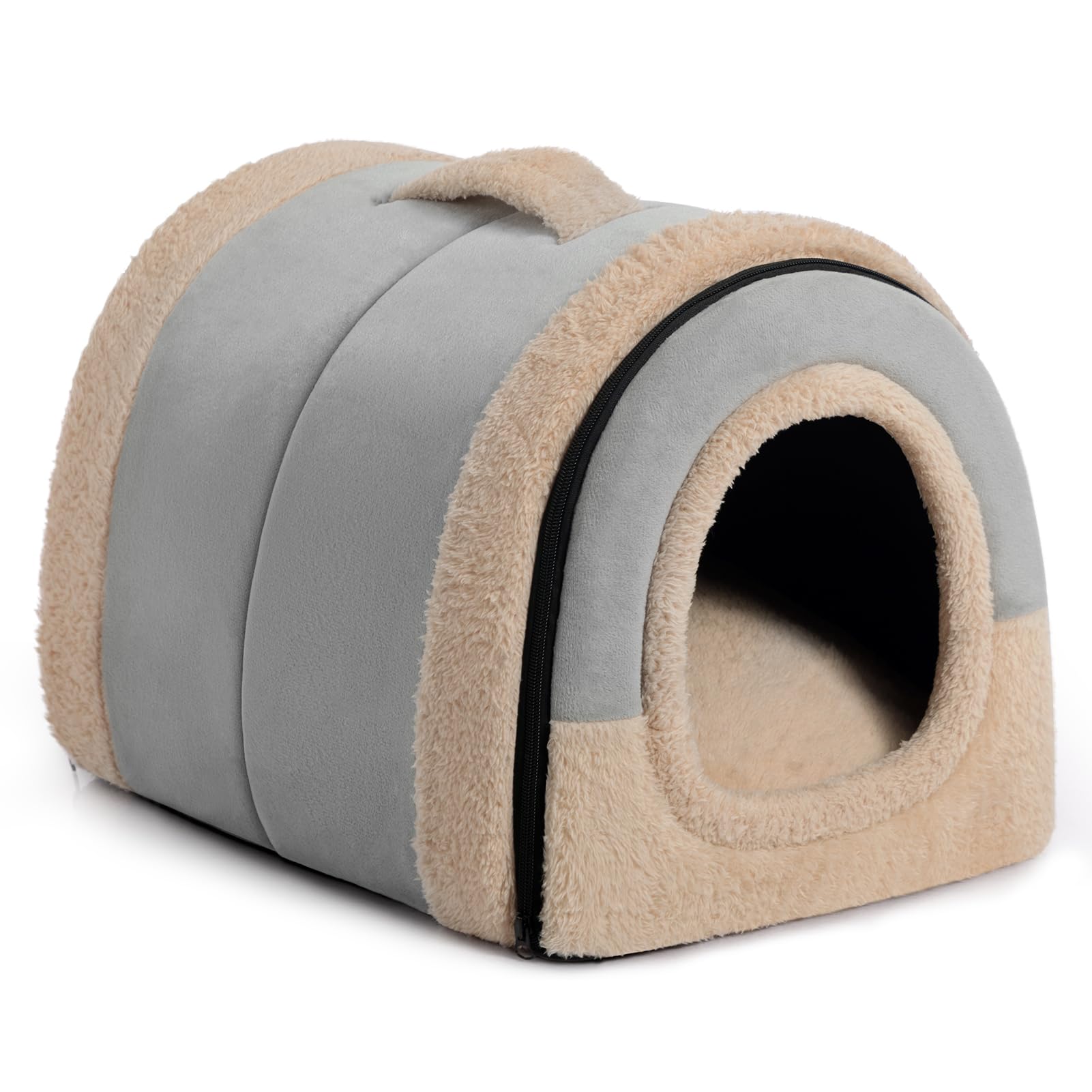 Hollypet Cat Bed Small Dog Bed, 2-in-1 Foldable Pet Beds for Cats and Small Dogs, Crystal Velvet Cat Cave Indoor Outdoor, Light Grey