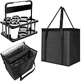 Reusable 6 Cup Drink Carrier with Handle and Insulated Bag for Hot and Cold Drink/Food, Foldable Plastic Cup Holder and Large Capacity Insulated Food Bag for Travel and Delivery