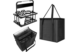 LEIFEOSH Reusable 6 Cup Drink Carrier with Handle and Insulated Bag for Hot and Cold Drink/Food, Foldable Plastic Cup Holder and Large Capacity Insulated Food Bag for Travel and Delivery