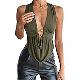 QJQ Women's Sexy Backless Open Back Tops Halter Deep V Neck Sleeveless Vest Tank Tops Going Out Party Clubwear