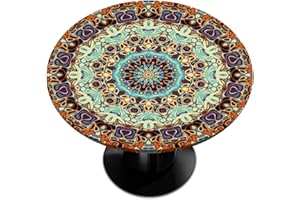 cfpolar Abstract Art Round Fitted Tablecloth, Orange Mandala Elastic Edge Table Cover Wipeable Round Table Cloth for Indoor Outdoor Use Fits Tables up to 45-50inch Diameter