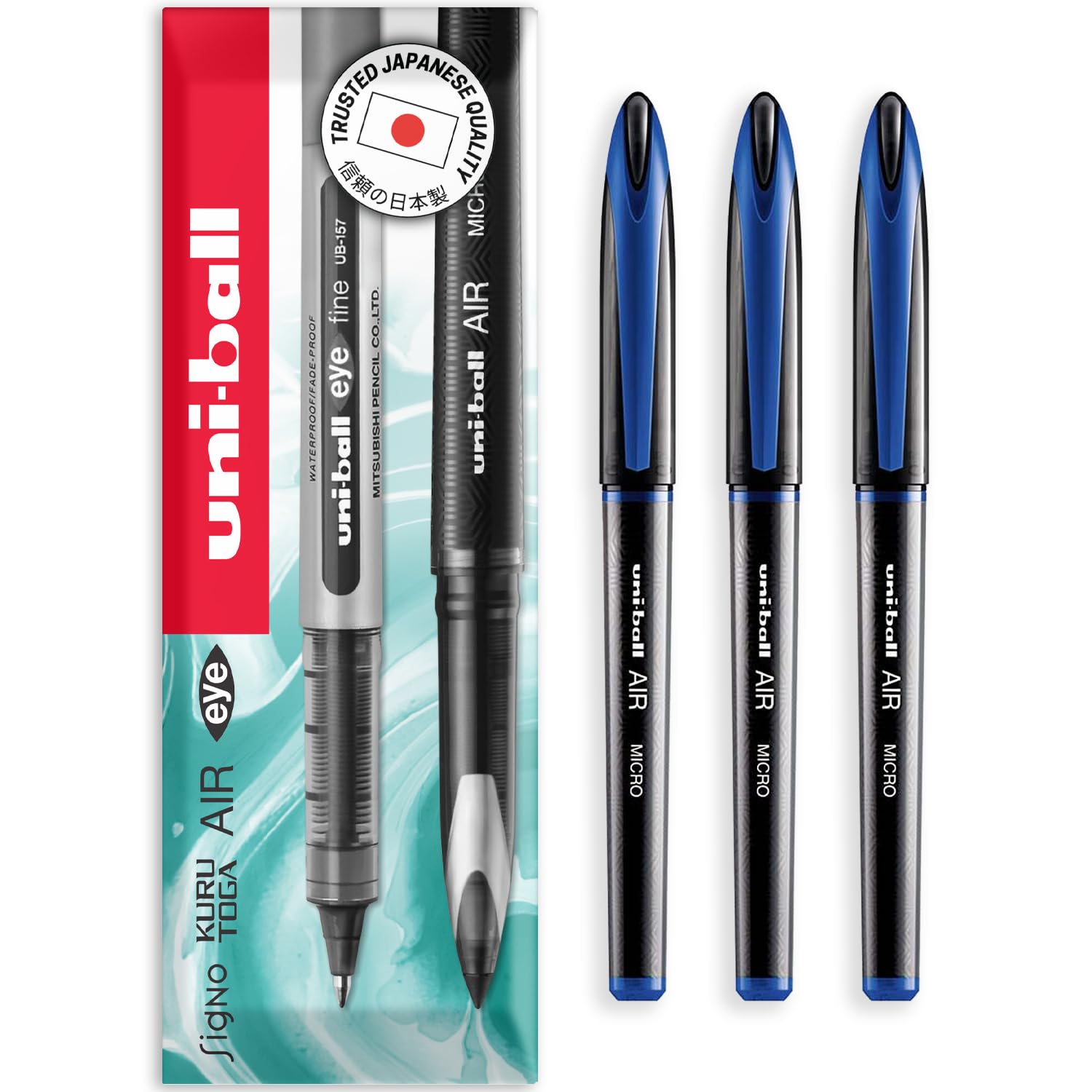uni-ball AIR Micro - 0.5mm Fine Rollerball - UBA-188-M - In Envelope Gift Packaging (Pack of 3, Blue)
