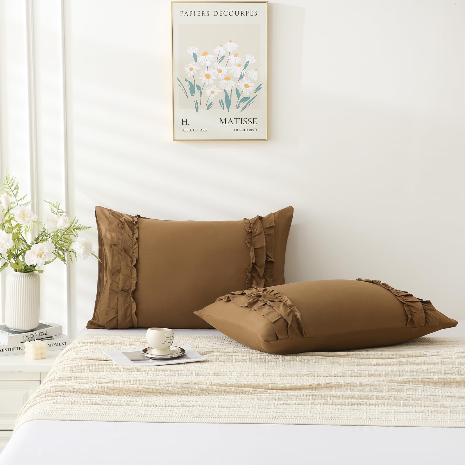 Photo 1 of Herside Brown Pillowcase Queen Size 2 Pack,Ruffle Pillow Shams,20"x30" Chic Boho Brown Standard Pillow Case,French Country Vintage Ruffled Cute Pillowcase Set of 2 Soft Microfiber