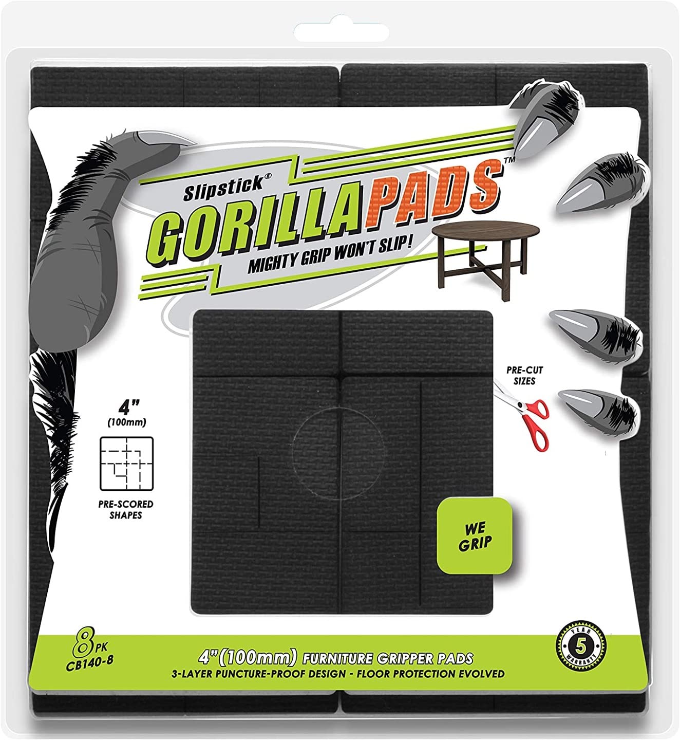 GorillaPads Non Slip Furniture Pads/Floor Grippers (Set of 8 Floor Protectors) Pre-Scored to Cut to Multiple Size, 4 Inch Square, Black, CB140-8