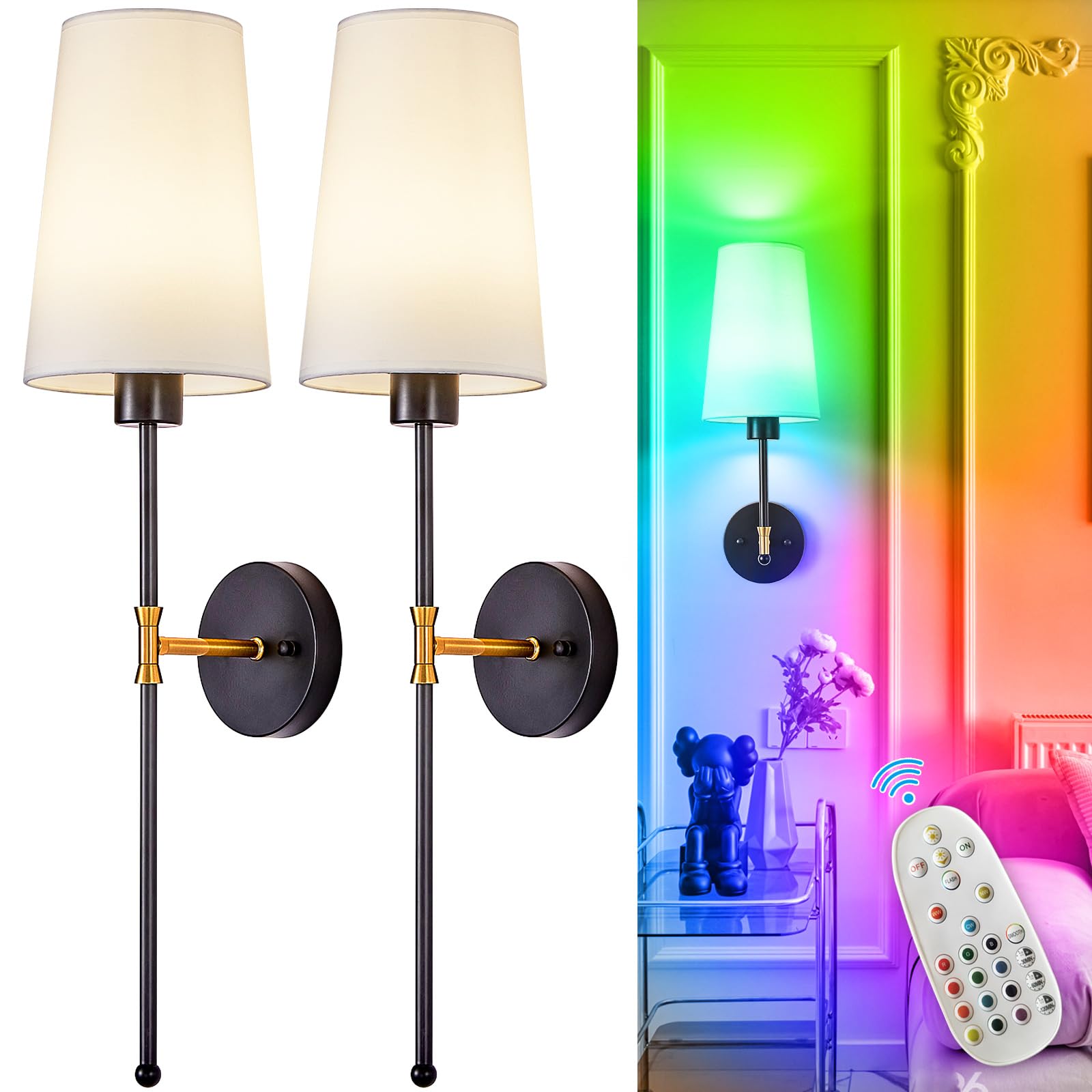 Photo 1 of Depuley Battery Operated Wall Sconce: 27" Set of 2 Wireless Wall Lights with Remote for Bedroom - Rechargeable 15 Colors Black and Gold Wall Lamp for Living Room Hallway Decor