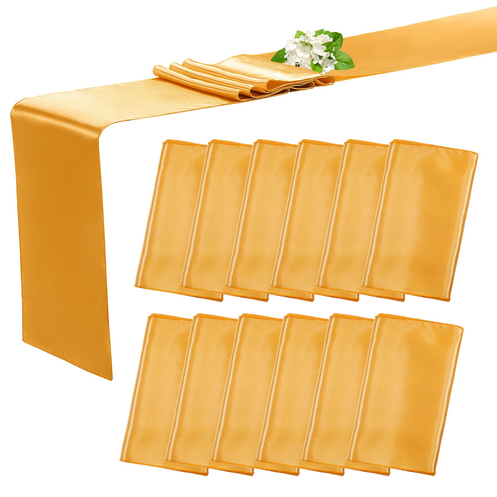 Photo 1 of 12 Pack Satin Table Runner - 12 x 108 Inch Long Gold Party Table Runners for Wedding, Birthday, Banquets Decorations, Engagements