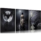 3Pcs Dark Gothic Canvas Wall Art, Moody Victorian Woman Painting Picture Wall Decor, Dark Spooky Black Bat Black Swan Poster Print Artwork for Living Room, Bedroom, Home Decoration 12x16 Unframed