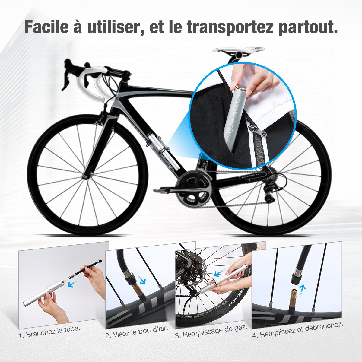 isYoung Pompe à Vélo Mini Pompe à Main Rétractile en Alliage d\'aluminium Portable pour Presta et Schrader Valve avec Support de Fixation Noir