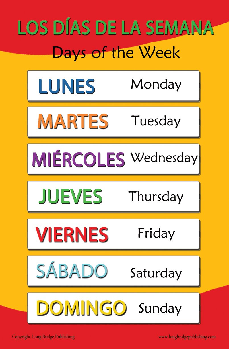 Buy Spanish Language School Days of The Week Wall Chart for Home and Classroom Bilingual