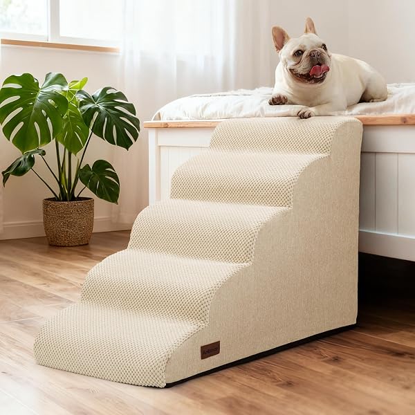AODISMAN DOG STEPS FOR BED AND COUCH,4-STEP DOG STAIRS AND RAMP FOR SMALL DOGS & CATS,INDOOR ANTI-SLIP PET STAIRS FOR OLD CATS AND PUPPY,BEIGE