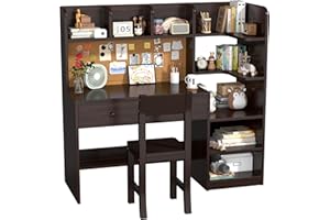 RUPOLX Wooden Espresso Kids Study Desk and Chair Set, 2 Drawers and 2 Storage Cabinets, Children Desk with 4 Open Hutch and Bookshelf, Girls Study Desk for Kids Bedroom