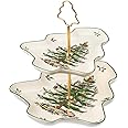 Spode Christmas Tree 2-Tiered Server, Tree-Shaped - Holiday Cupcake Stand, Dessert Display Set, Porcelain Serving Platter, 10" & 8" Plates, Dishwasher Safe Serveware for Appetizers, Desserts, Cookies