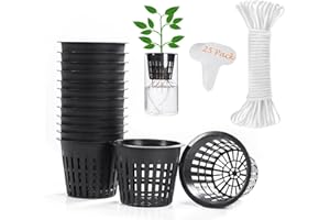 ORIMERC 25 Pack 3 inch Net Cup Pot with 25 feet Hydroponic Self Watering Wick & 25 Pcs Plant Label Aquaponics Mason Jar Insert Orchid Rimmed Netted Basket Slotted Mesh Garden kratky Growing Vegetable