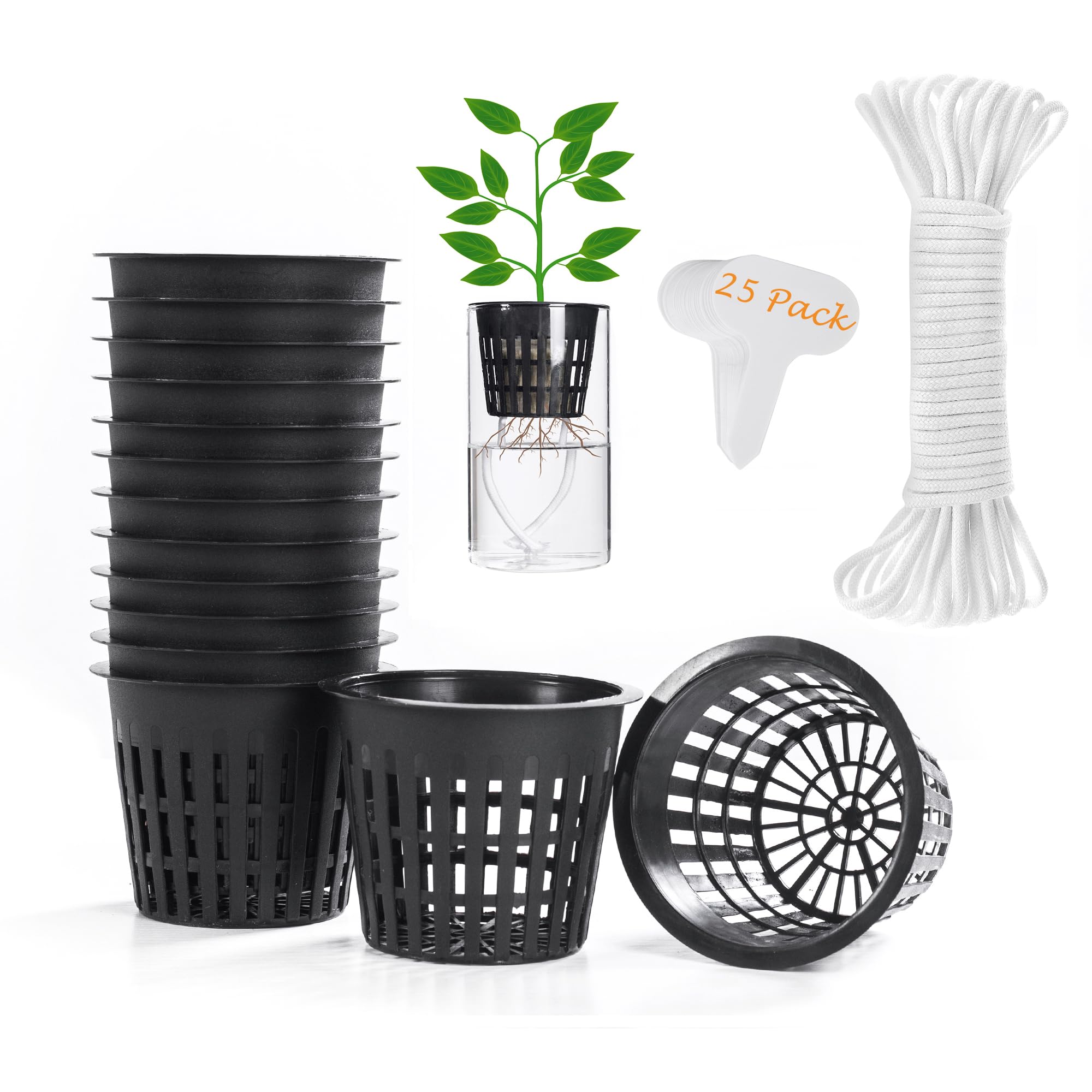 Photo 1 of ORIMERC 25 Pack 3 inch Net Cup Pot with 25 feet Hydroponic Self Watering Wick & 25 Pcs Plant Label Aquaponics Mason Jar Insert Orchid Rimmed Netted Basket Slotted Mesh Garden kratky Growing Vegetable