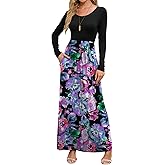 DEARCASE Women's Maxi Dress Long Sleeve Crewneck Loose Plain Casual Empire Waist Fall Party Long Dresses with Pockets