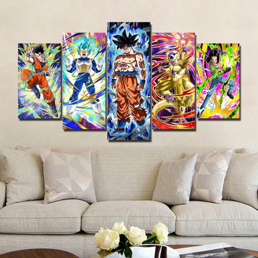 QJXX Dragon Ball Z Image Printed On Canvas 5 Panels Print Super Saiyan Wall Art Picture Printings Canvases for Living Room Decoration,A,20×35Cm×2+20×45Cm×2+20×55Cm×1