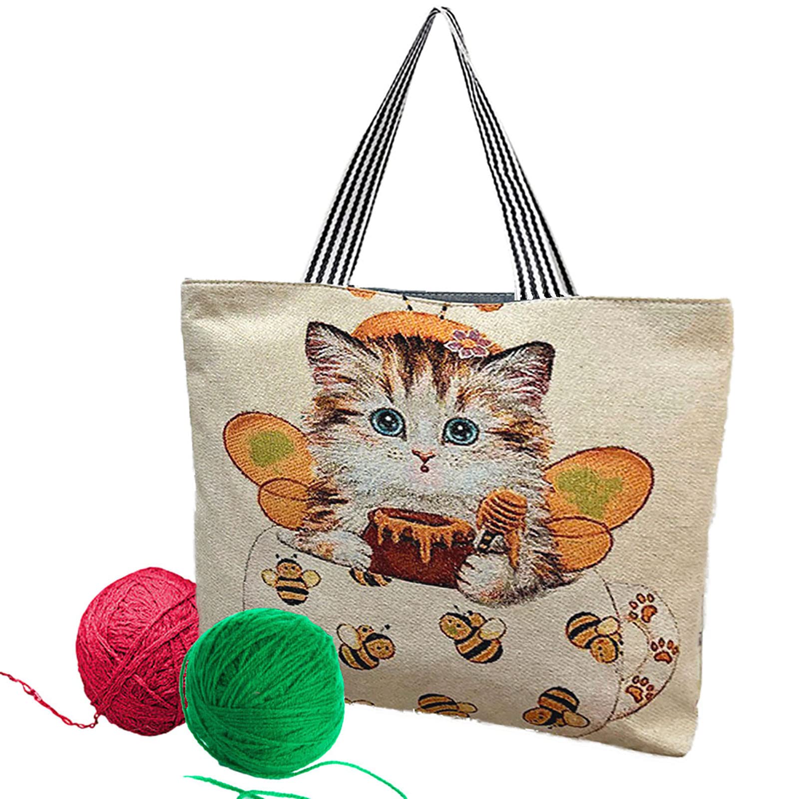 Knitting Tote Bag, Large Knitting Bag Knitting Needle Bag with Zipper Cute Cat Pattern Crochet Bag for Yarn Knitting Needles Crochet Hooks (Type H)