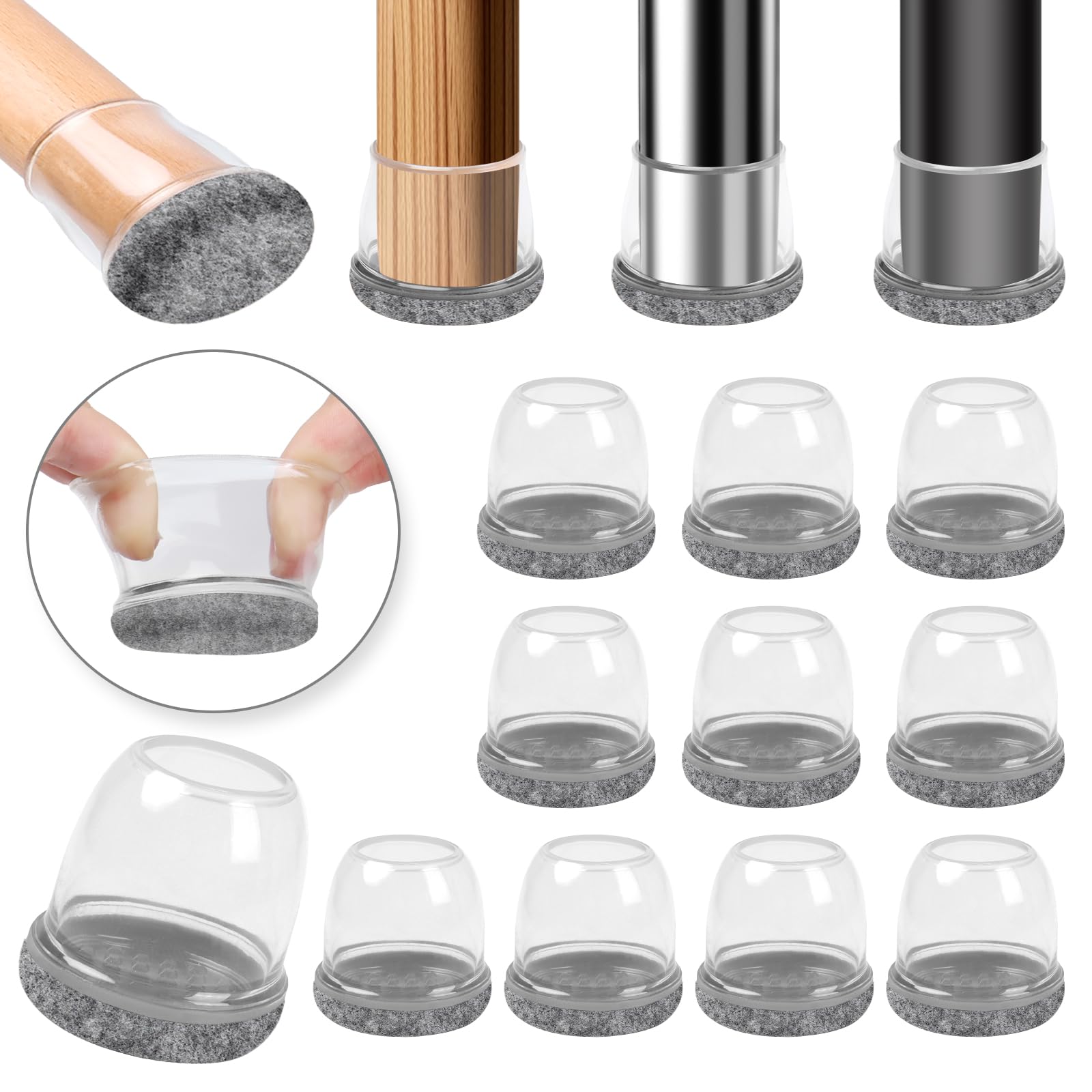 16 PCS Grey Silicone Chair Leg Floor Protectors with Wrapped Felt, Rubber Chair Leg Caps, Chair Leg Covers, Furniture Feet Protectors Pads, No Noise No Scratches (Round, Fit 0.75-1")