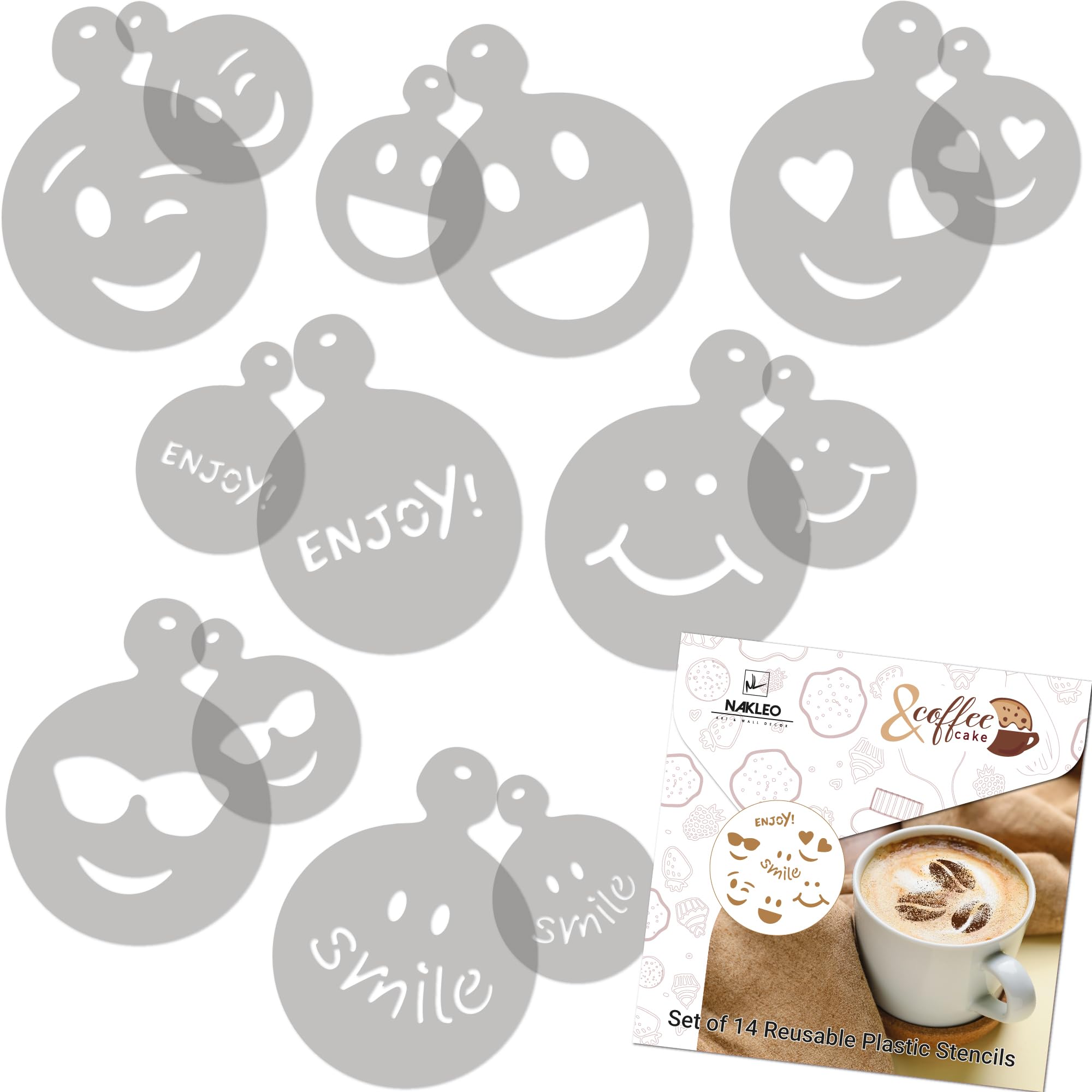 NAKLEO Coffee Stencils and Cookies Decoration 14Pcs 7x7 and 11x11cm, Reusable Plastic Baking Templates, Emotion Smileys Emoticon, Barista DIY Art Craft, Capuccino Latte Chocolate Cake Biscuit Kitchen