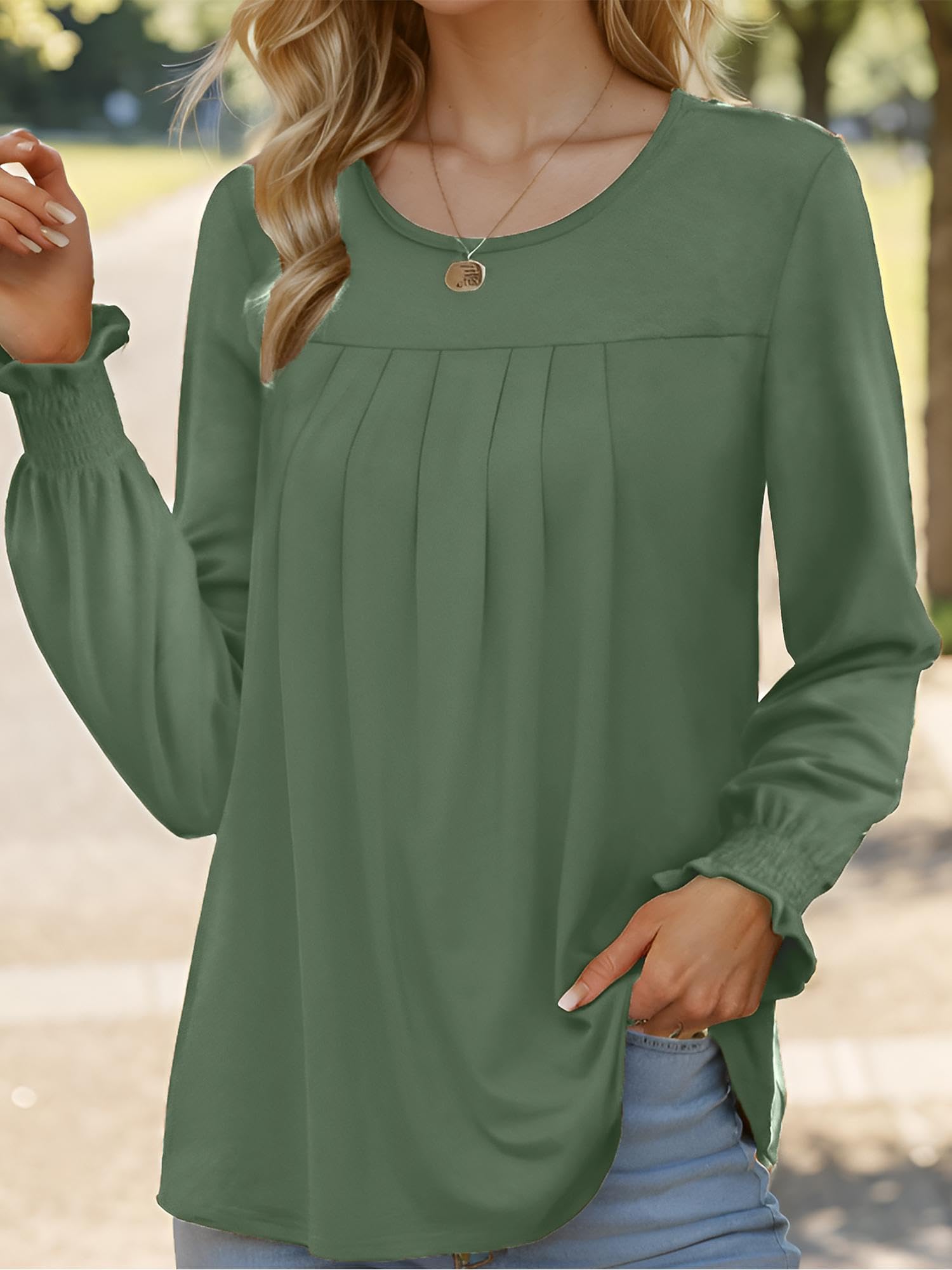 Am Direct Plus Size Women Everyday Blouse Casual Long Sleeve T-Shirt with Bell Sleeve & Ruffle Trim XXL Green