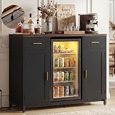 Unikito Coffee Bar Cabinet with Mini Fridge Space &amp; Power Outlet, Black | Mini Fridge Cabinet Stand, Liquor Wine Bar With Storage Drawers, Adjustable Shelf &amp; Glass Holder, Buffet Sideboard for Home